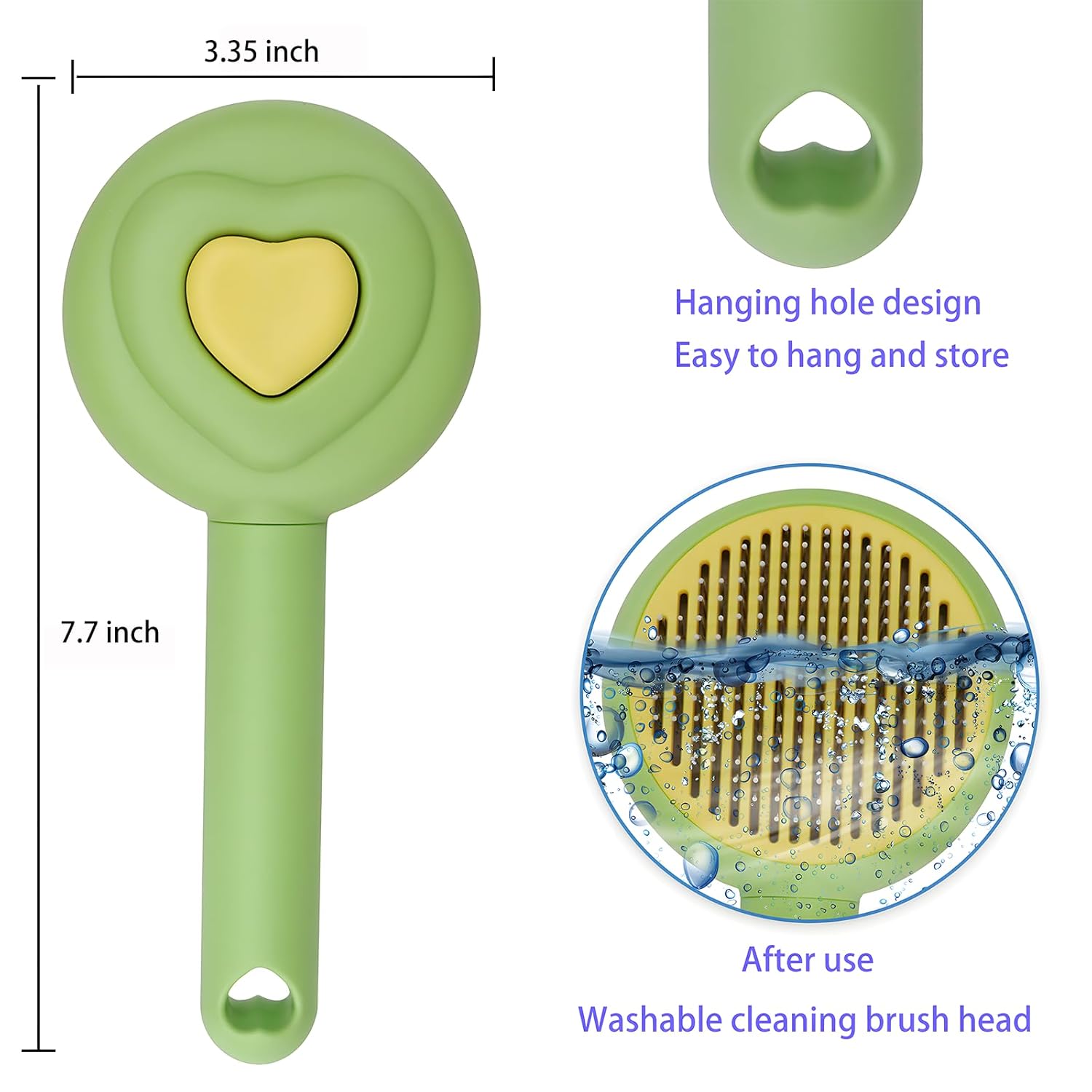 Leevar Self-Cleaning Slicker Brush dimensions — 7.7 in handle, 3.35 in head, hanging hole, washable head