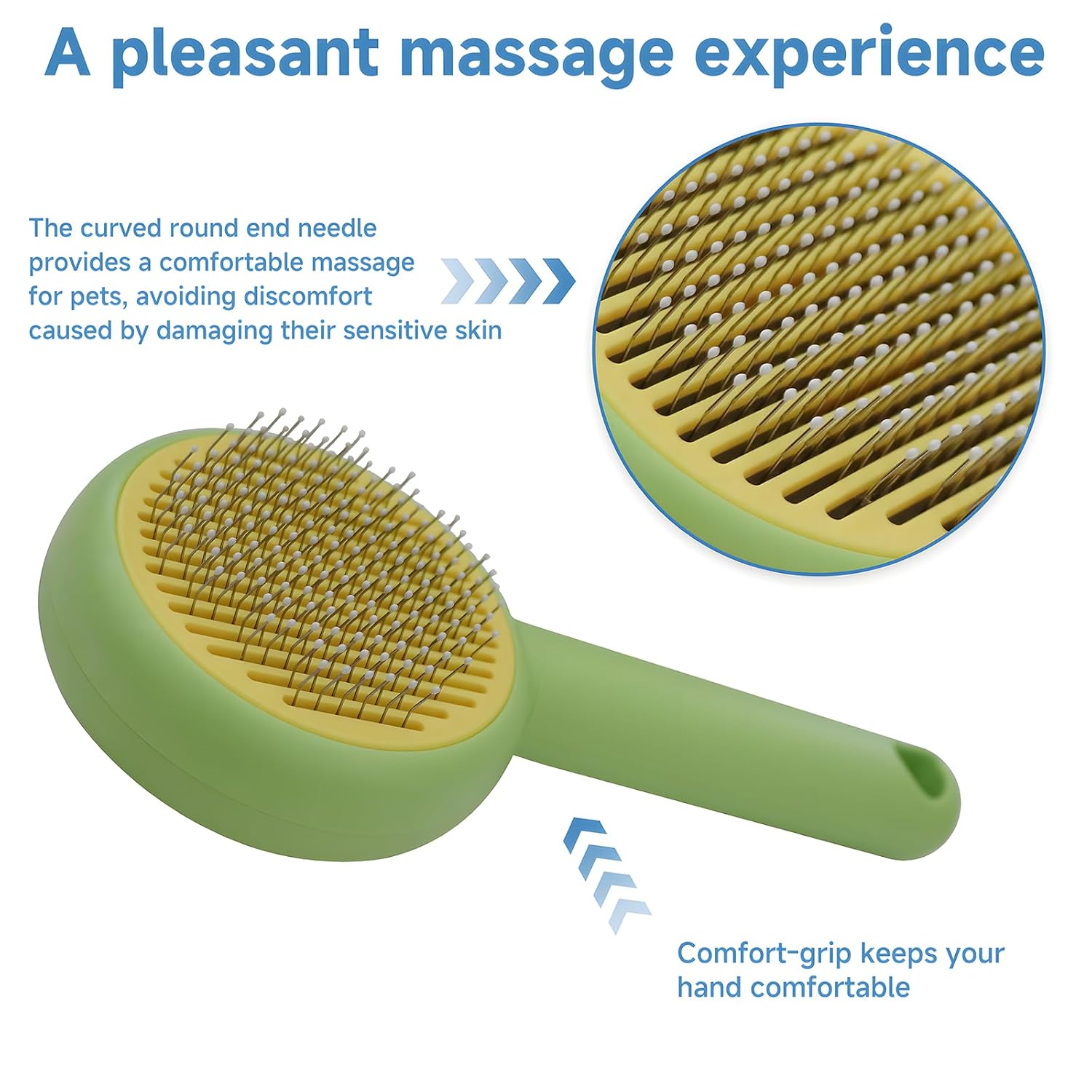 Leevar slicker brush bristle close-up — curved round-tip pins for gentle pet massage